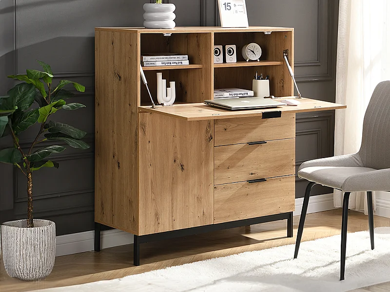 Secrétaire avec 2 porte et 3 tiroirs - MDF et métal - Coloris : Naturel - ERWIN