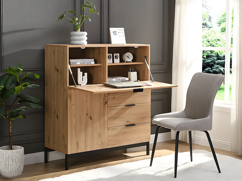 Secretária com 2 portas e 3 gavetas MDF e metal cor natural - ERWIN