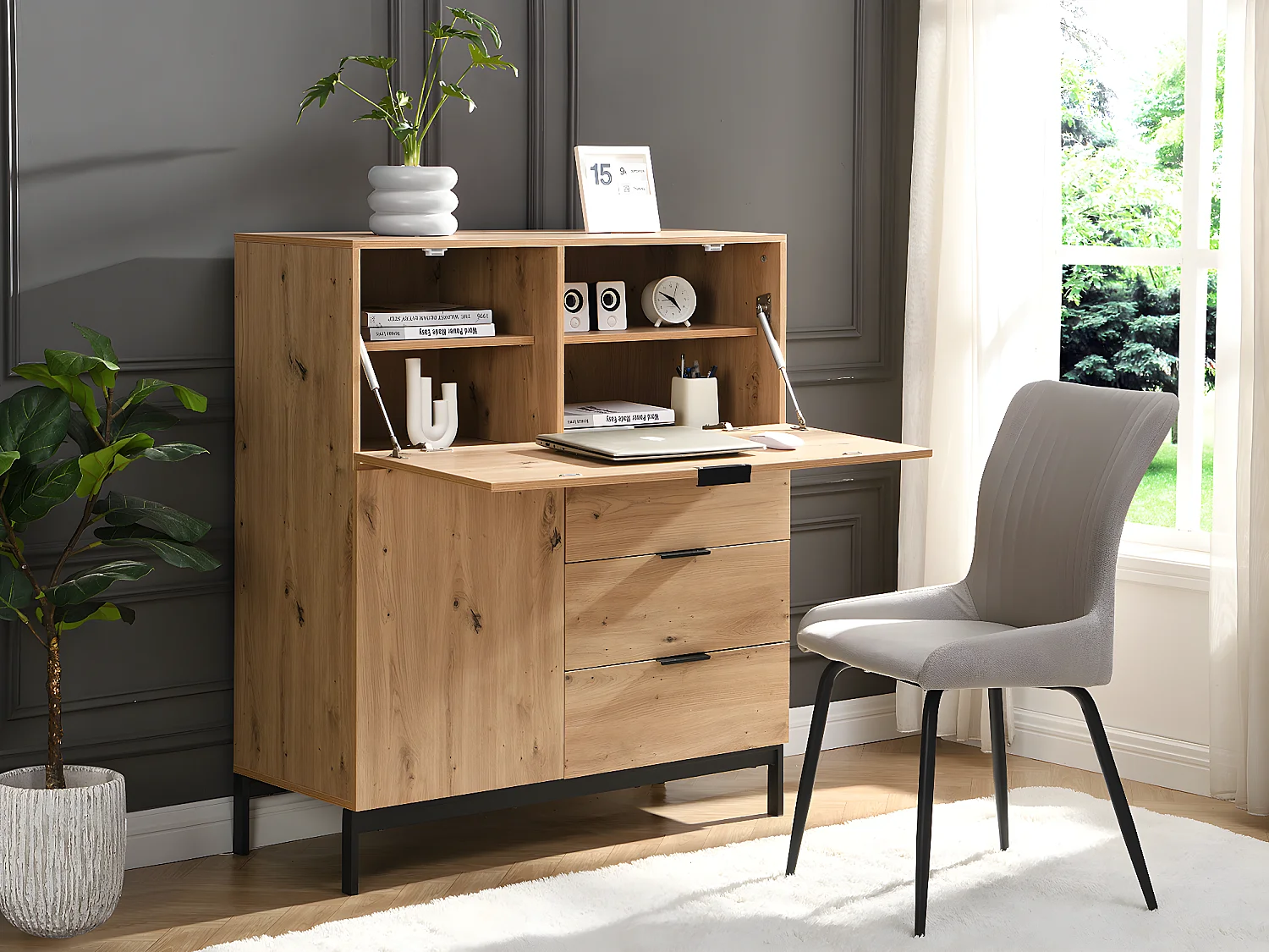 Secrétaire avec 2 porte et 3 tiroirs - MDF et métal - Coloris : Naturel - ERWIN