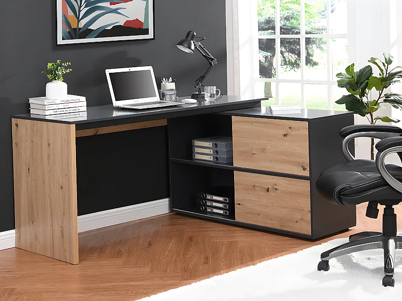 Bureau d'angle avec 2 porte coulissantes - MDF - Coloris : Naturel et noir - COLIOBA