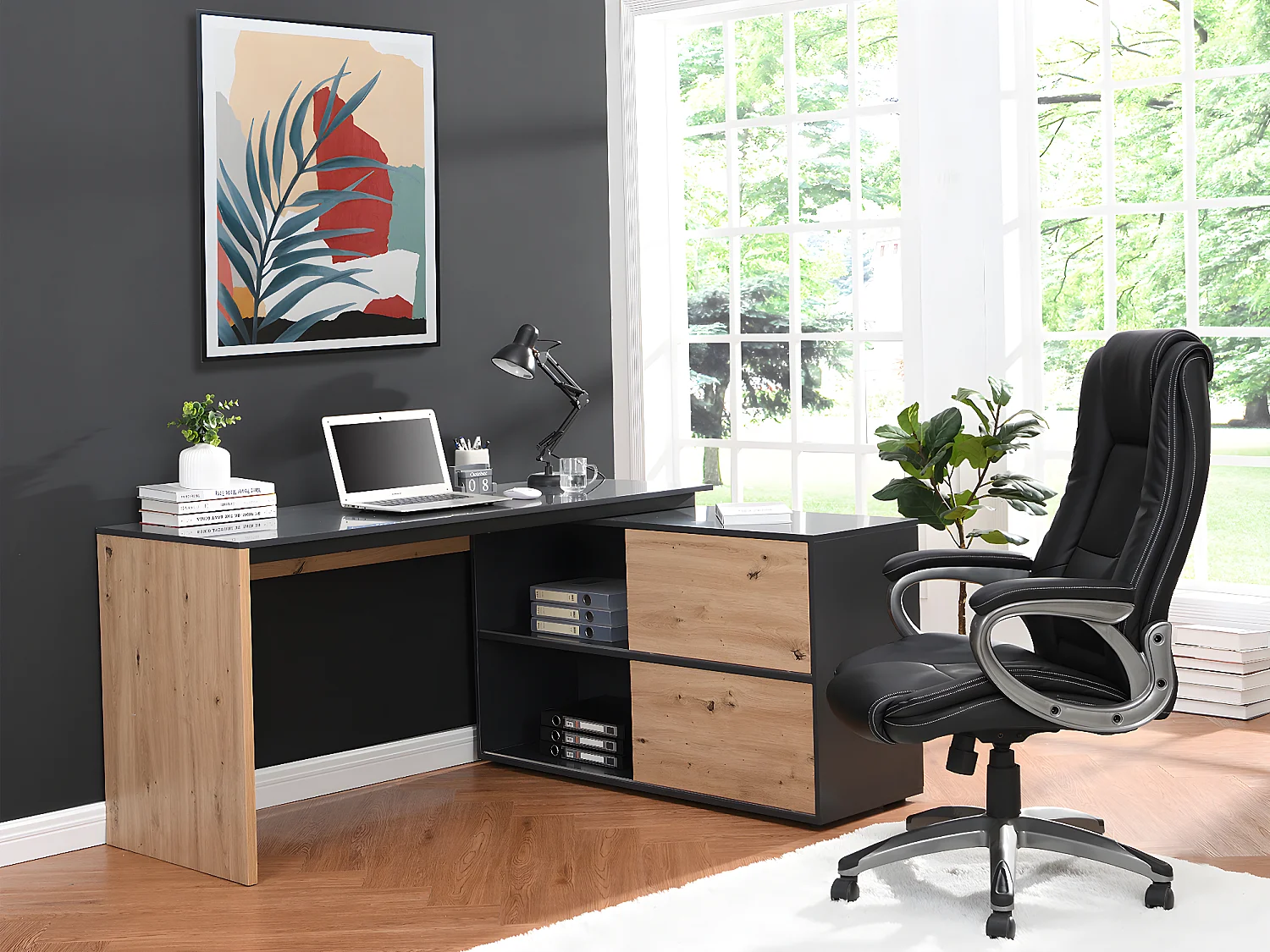 Bureau d'angle avec 2 porte coulissantes - MDF - Coloris : Naturel et noir - COLIOBA