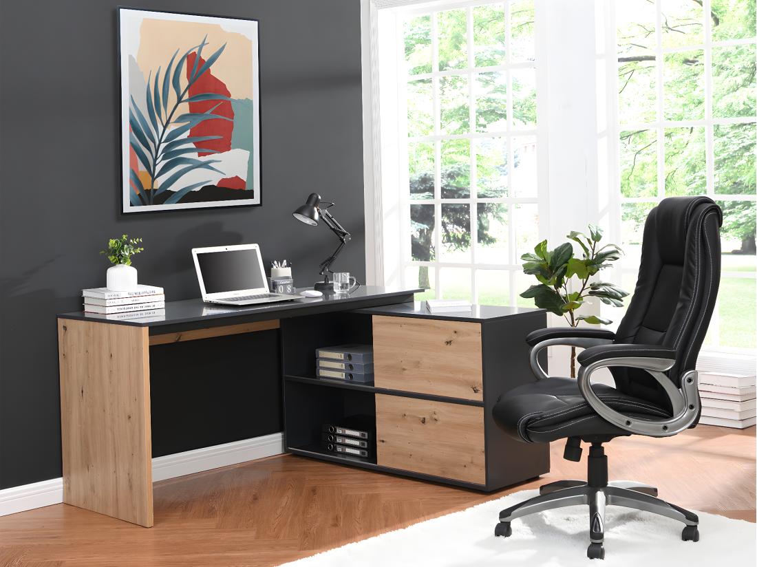 vente unique Bureau d'angle avec 2 porte coulissantes - MDF - Coloris : Naturel et noir - COLIOBA