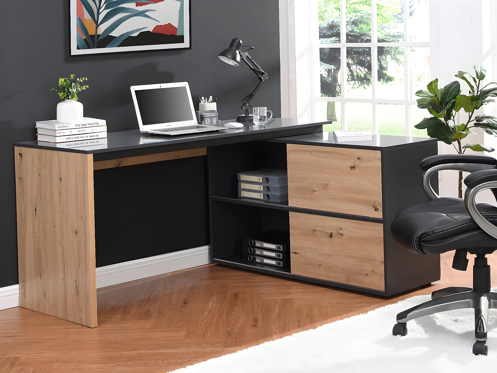 Bureau D angle Avec 2 Porte Coulissantes En MDF Coloris Naturel Et Noir 