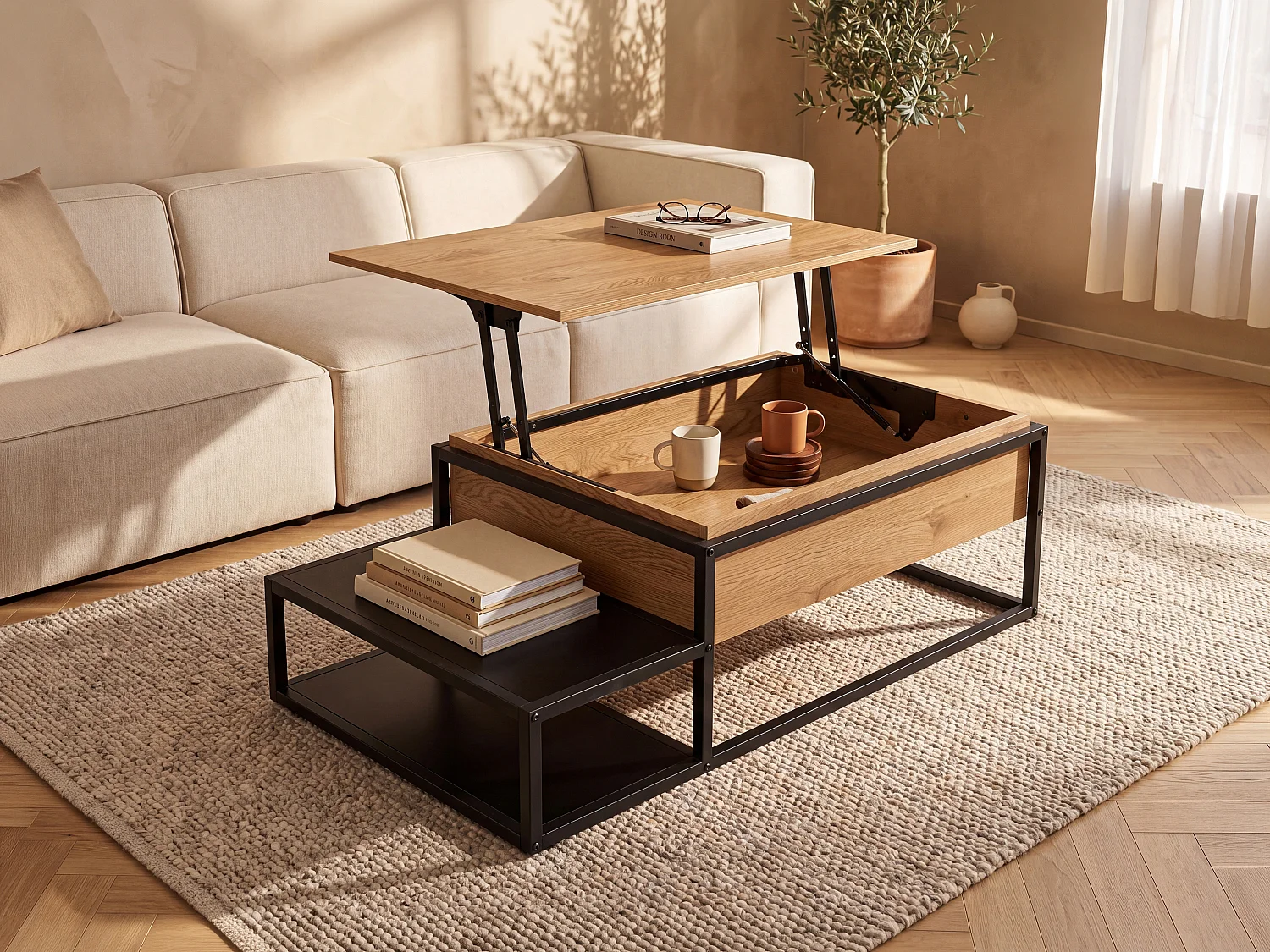 Mesa de centro con tablero elevable - MDF y metal - Natural y negro - LUTESA