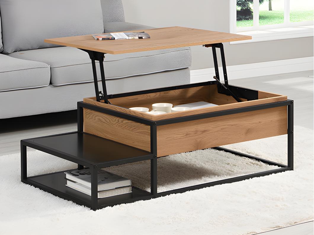 Table basse avec plateau relevable en MDF et métal - Naturel et noir - LUTESA