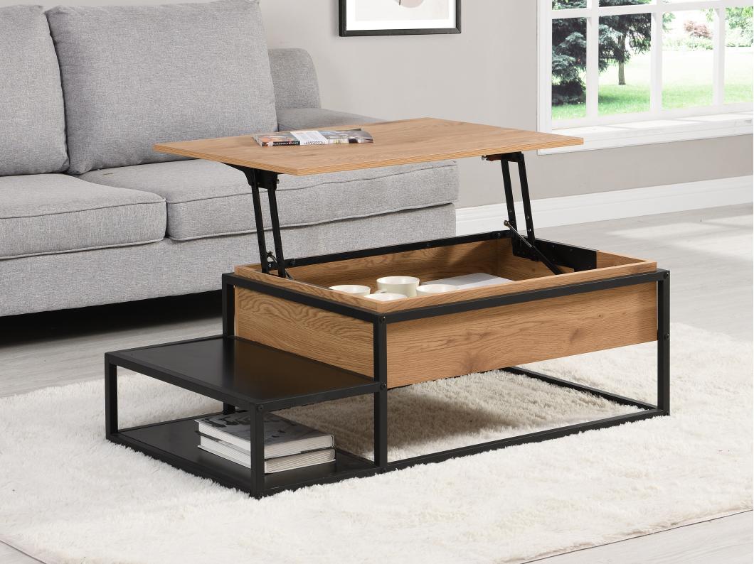 Couchtisch höhenverstellbar - MDF & Metall - Naturfarben & Schwarz - LUTESA
