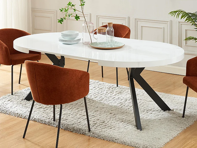 Table à manger extensible 4 à 8 personnes en MDF et acier - Blanc laqué et noir - KOMONI