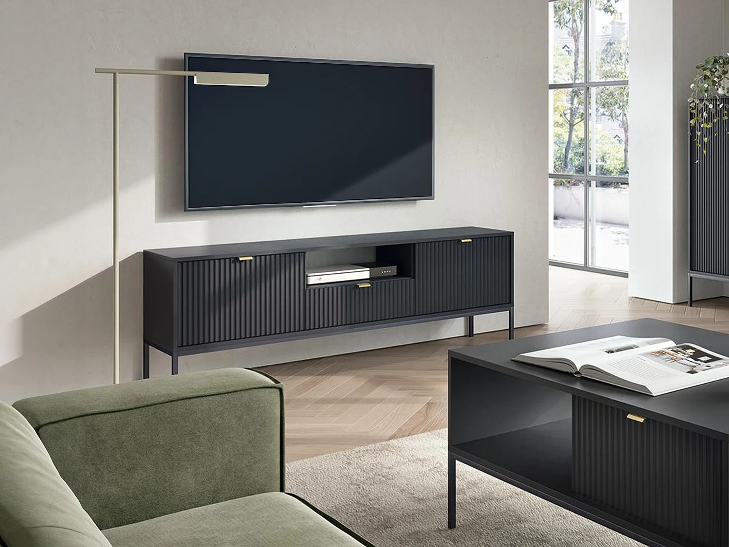 Meuble TV avec 2 portes, 1 tiroir et 1 niche - Noir - LIOUBA de Pascal MORABITO