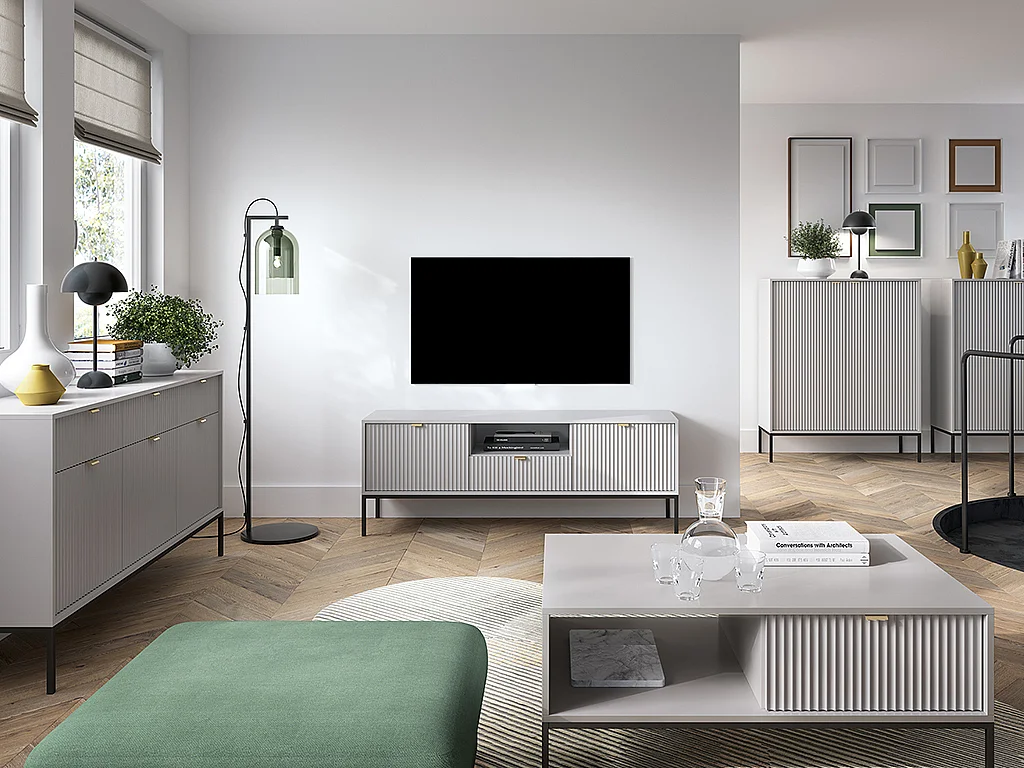 Meuble TV avec 2 portes, 1 tiroir et 1 niche - Gris - LIOUBA de Pascal MORABITO