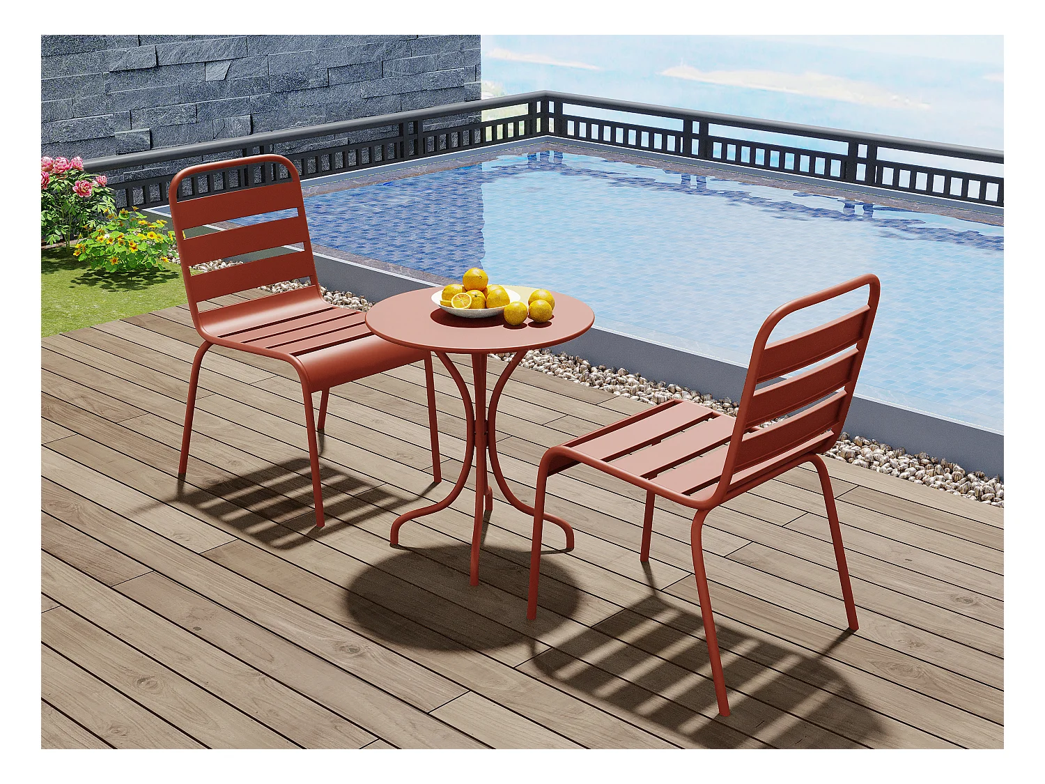 Salle à manger de jardin en métal - une table D.60cm et 2 chaises empilables - Terracotta - MIRMANDE de MYLIA