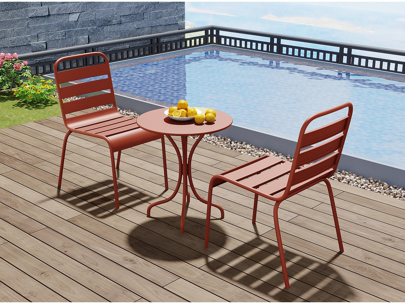 Salle à manger de jardin en métal une table D.60cm et 2 chaises