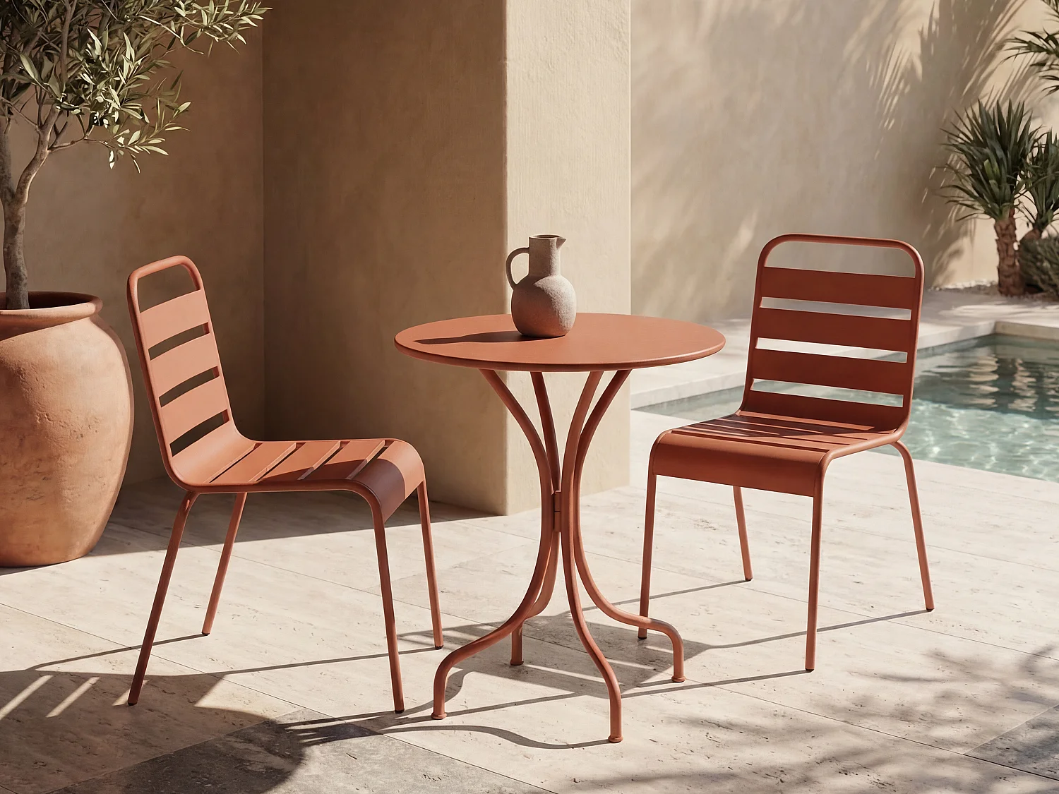 Garten-Essgruppe: Tisch D. 60 cm + 2 stapelbare Stühle - Metall - Terracotta - MIRMANDE von MYLIA