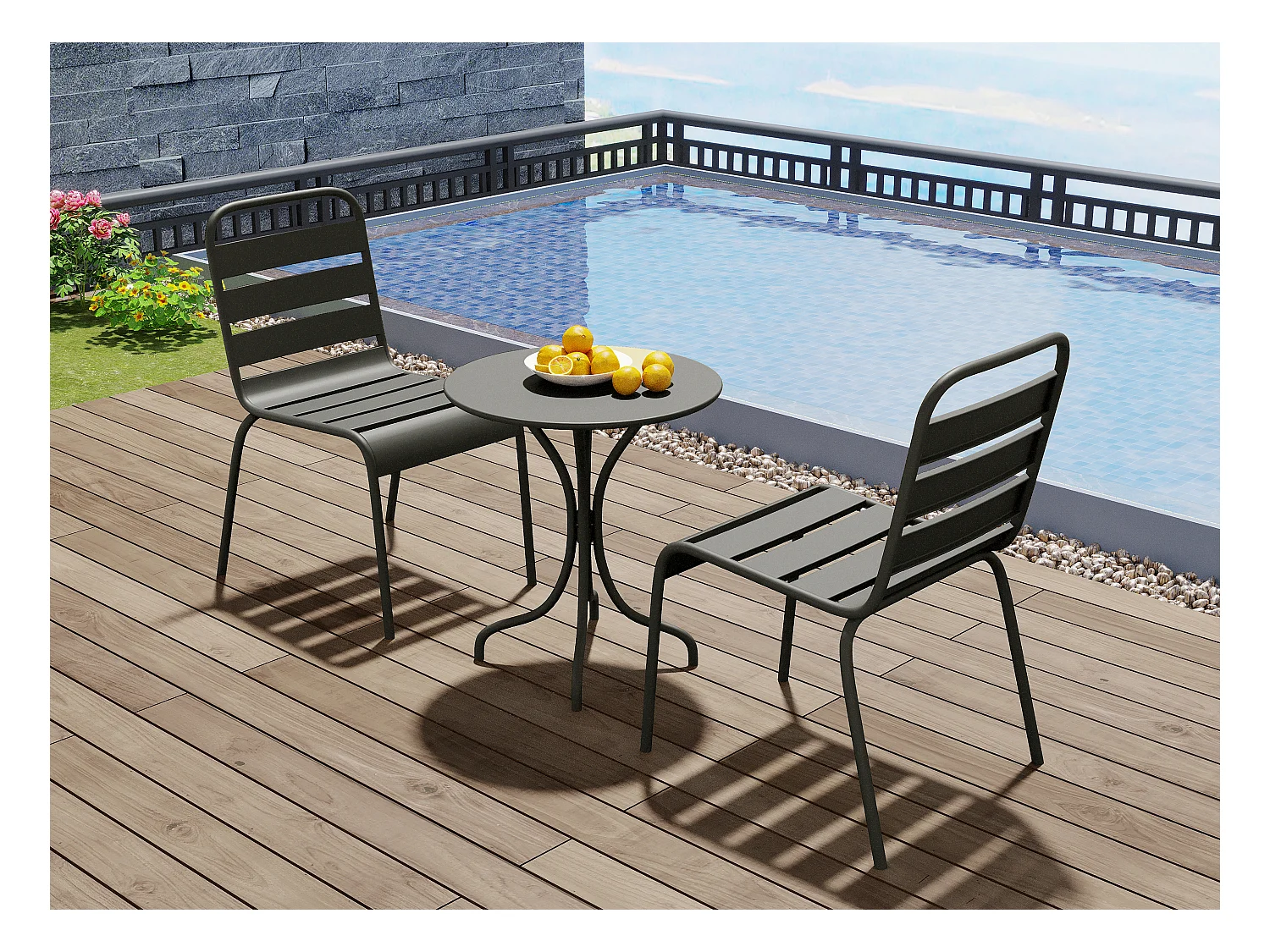 Tuineethoek van metaal - Een tafel D60 cm en 2 opstapelbare stoelen - Donkergrijs - MIRMANDE