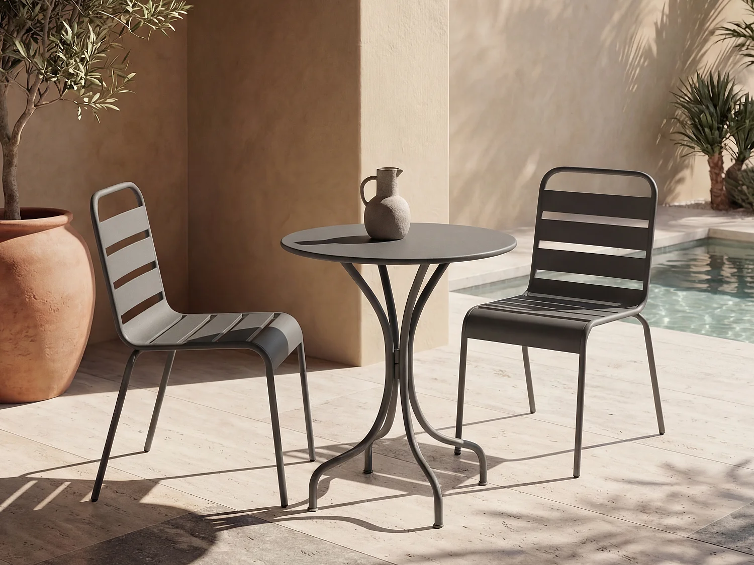 Salle à manger de jardin en métal - une table D.60cm et 2 chaises empilables - Gris anthracite - MIRMANDE de MYLIA
