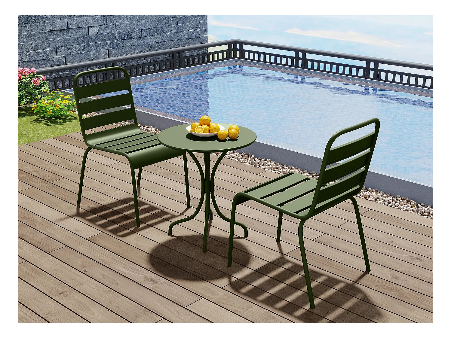 Garten-Essgruppe: Tisch D. 60 cm + 2 stapelbare Stühle - Metall - Khaki - MIRMANDE von MYLIA