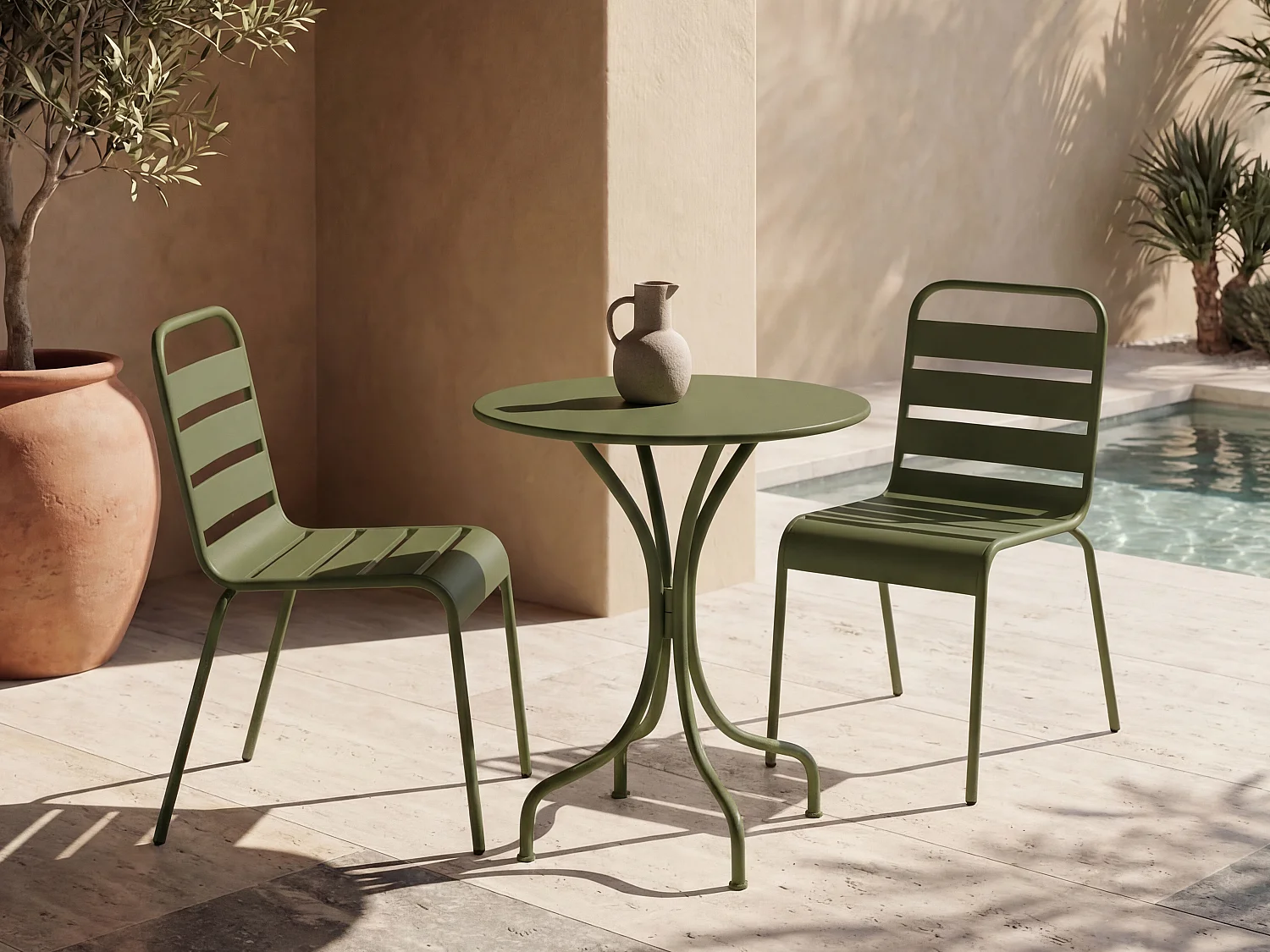 Garten-Essgruppe: Tisch D. 60 cm + 2 stapelbare Stühle - Metall - Khaki - MIRMANDE von MYLIA