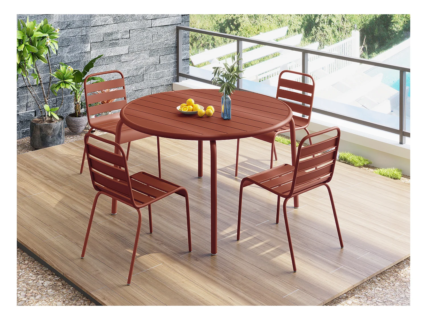 Garten-Essgruppe: Tisch D. 110 cm + 4 stapelbare Stühle - Metall - Terracotta - MIRMANDE von MYLIA