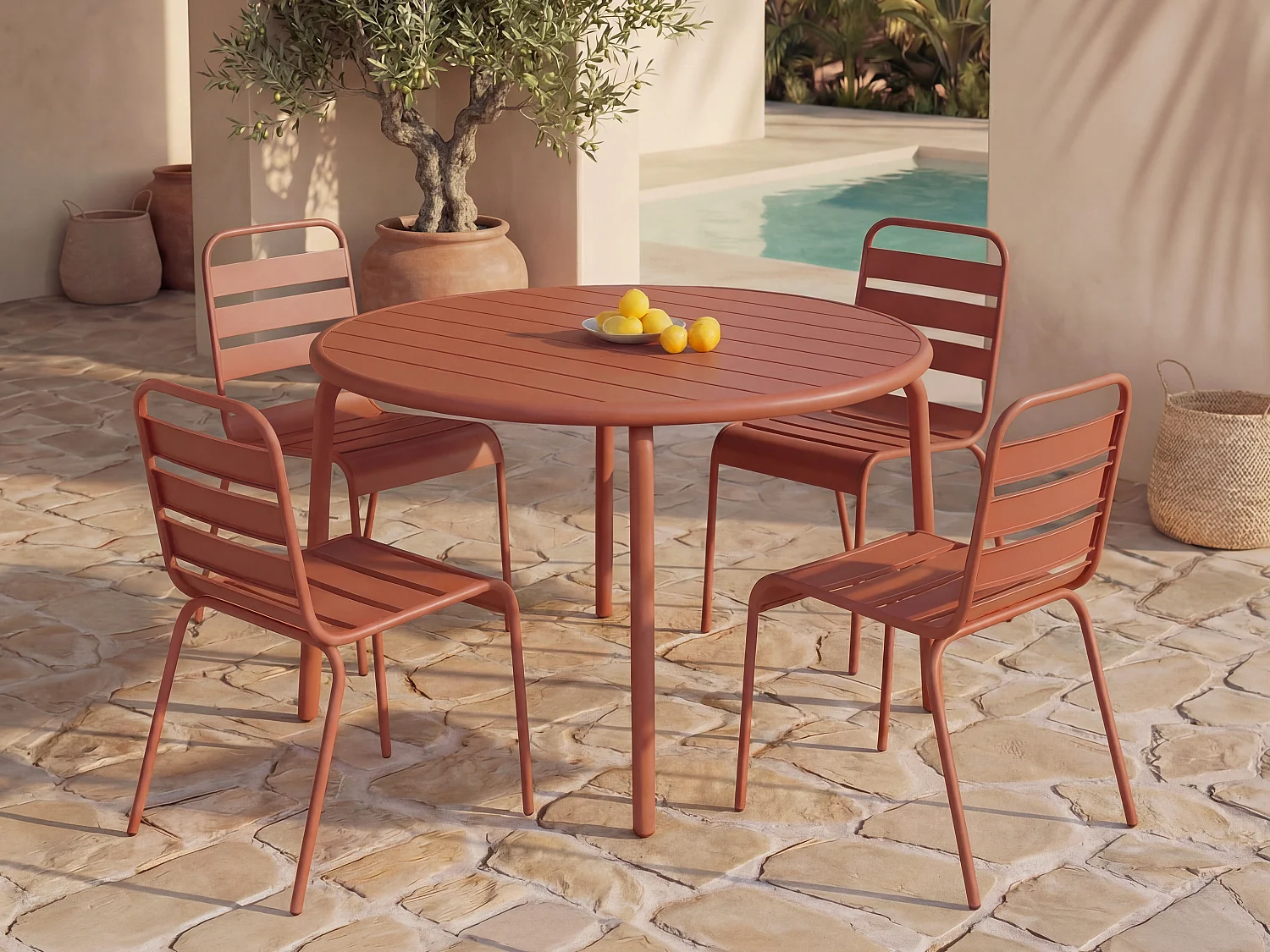 Garten-Essgruppe: Tisch D. 110 cm + 4 stapelbare Stühle - Metall - Terracotta - MIRMANDE von MYLIA