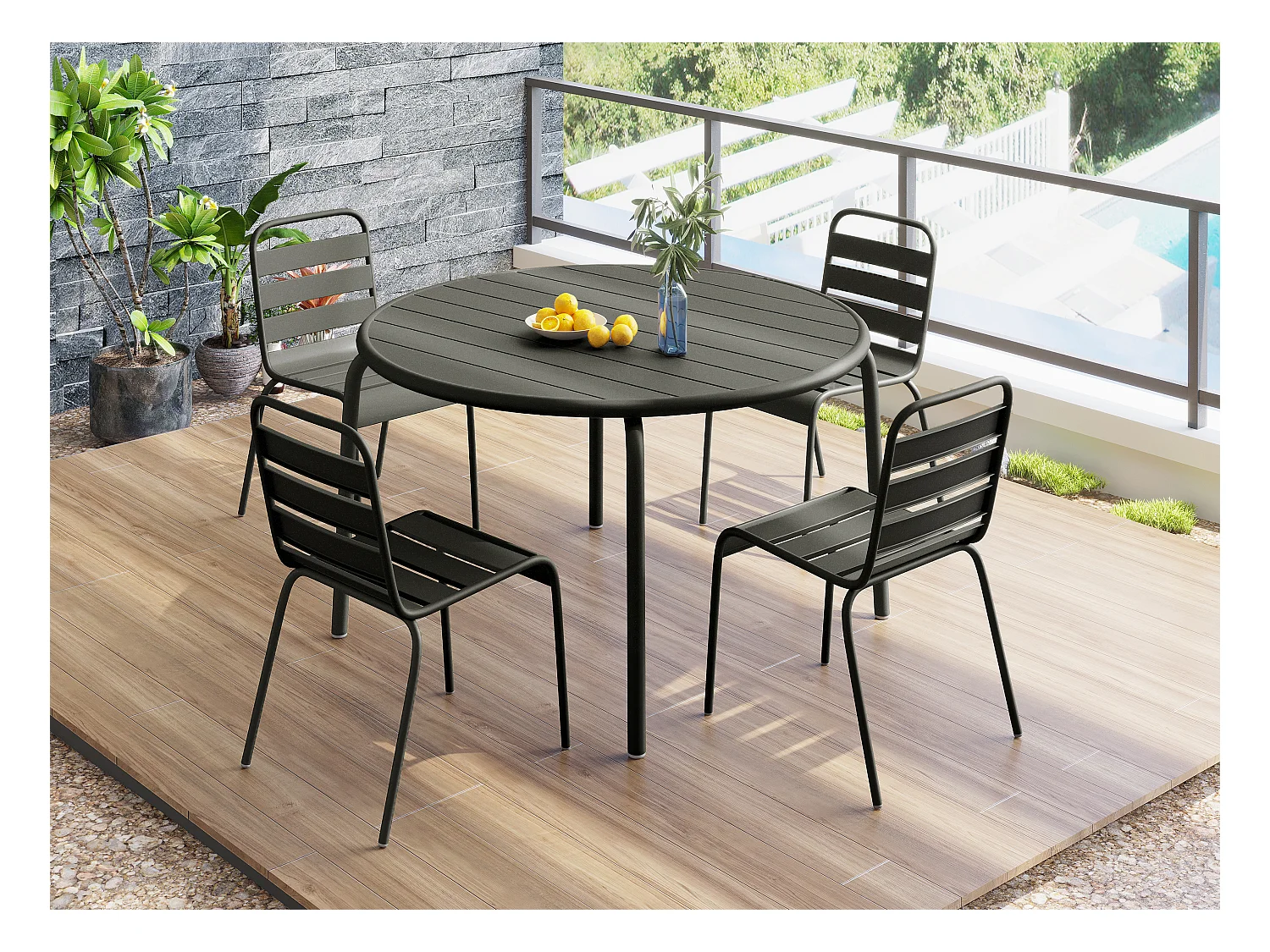 Salle à manger de jardin en métal - une table D.110 cm et 4 chaises empilables - Gris anthracite - MIRMANDE de MYLIA
