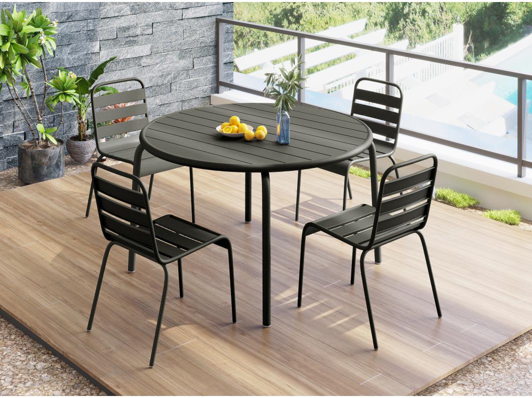 Tuineethoek van metaal - Een tafel D110 cm en 4 opstapelbare stoelen - Donkergrijs - MIRMANDE