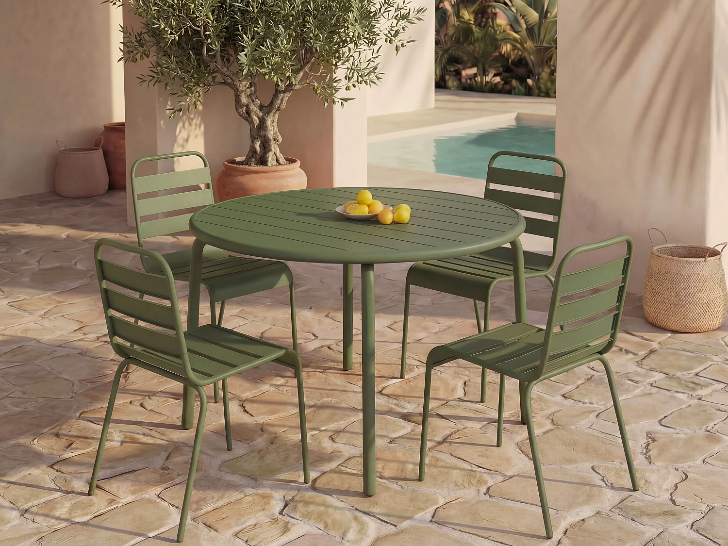 Salle à manger de jardin en métal - une table D.110 cm et 4 chaises empilables - Kaki - MIRMANDE de MYLIA