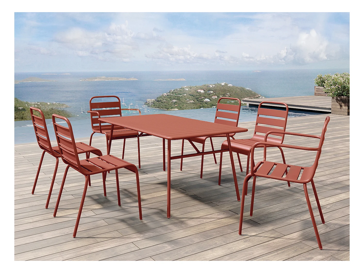 Salle à manger de jardin en métal - une table L.160 cm avec 2 fauteuils empilables et 4 chaises empilables - Terracotta - MIRMANDE de MYLIA