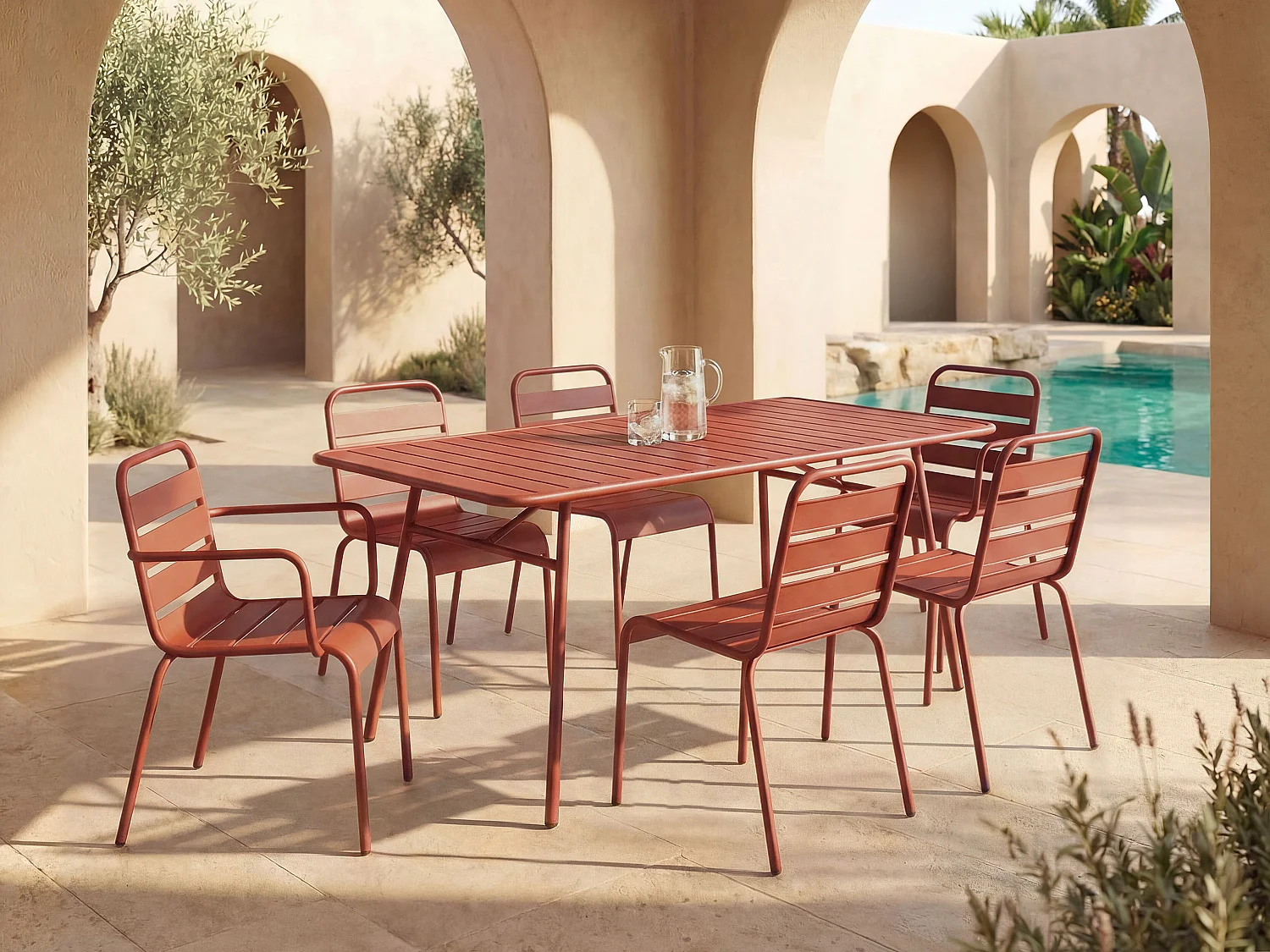 Sala pranzo giardino Metallo Terracotta MIRMANDE: tavolo L.160cm 2 sedie impil. braccioli e 4 sedie impil.