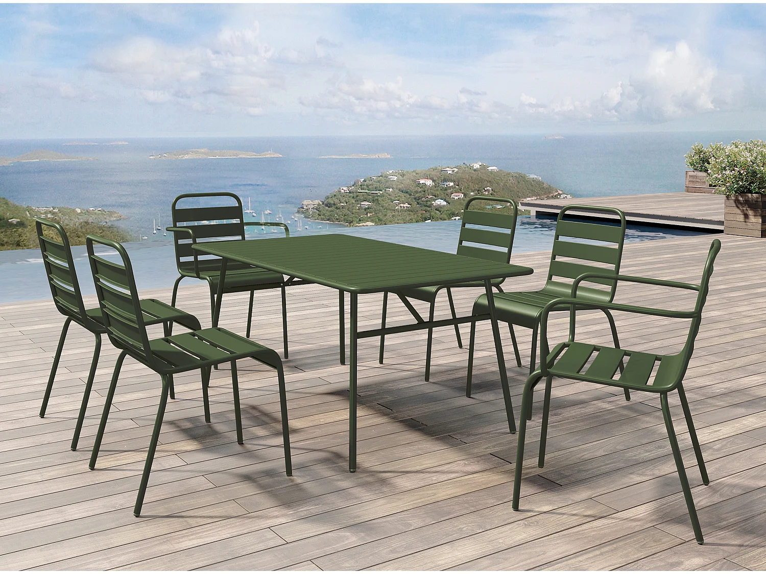 Conjunto de jantar de jardim em metal, uma mesa C. 160 cm com 2 cadeirões empilháveis e 4 cadeiras empilháveis, caqui - MIRMANDE