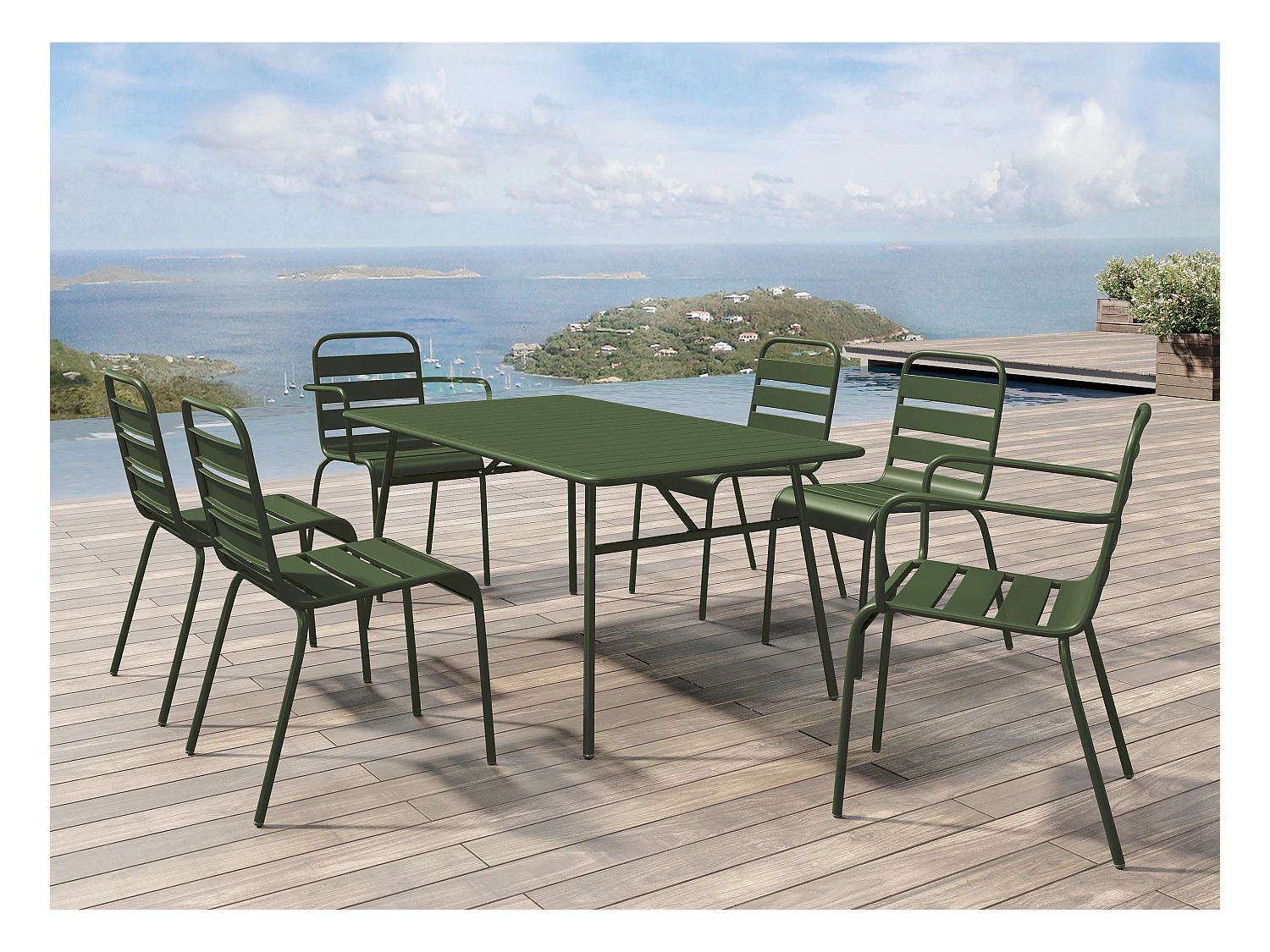 Conjunto de jantar de jardim em metal, uma mesa C. 160 cm com 2 cadeirões empilháveis e 4 cadeiras empilháveis, caqui - MIRMANDE