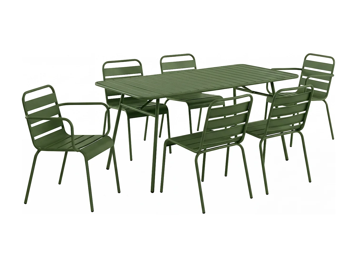 Salle à manger de jardin en métal - une table L.160 cm avec 2 fauteuils empilables et 4 chaises empilables - Kaki - MIRMANDE de MYLIA