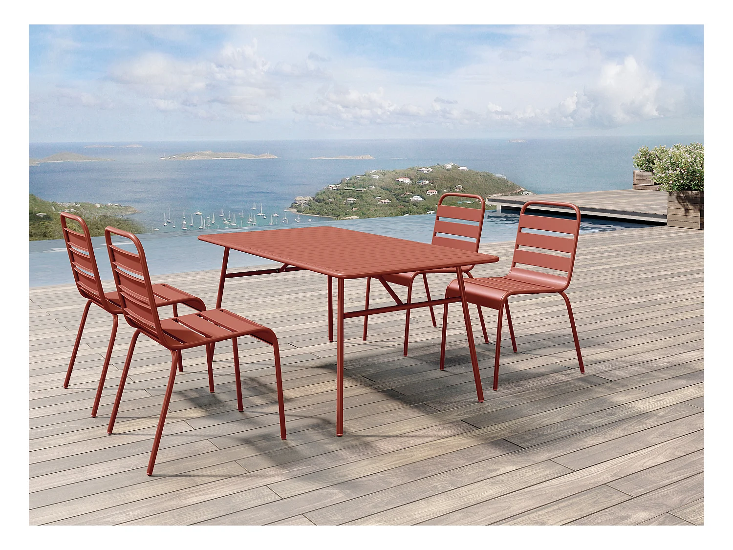 Garten-Essgruppe: Tisch D. 160 cm + 4 stapelbare Stühle - Metall - Terracotta - MIRMANDE von MYLIA