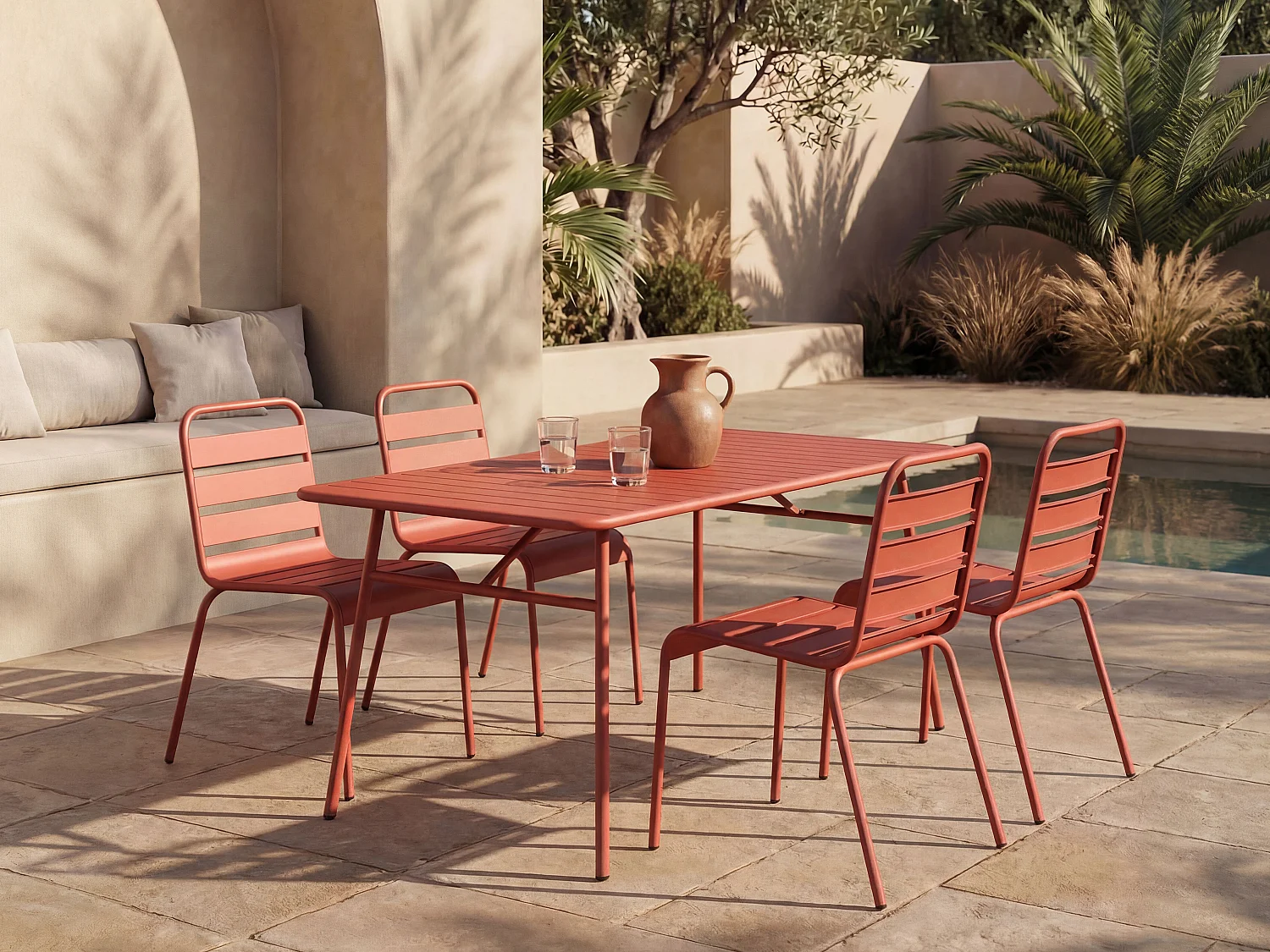 Metal garden dining set - one table W.160 cm. and 4 stackable chairs - Terracotta - MIRMANDE by MYLIA