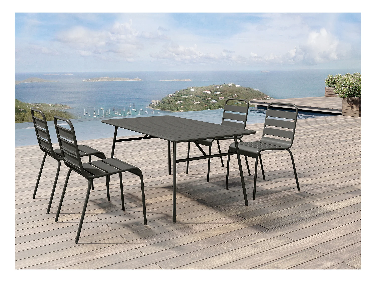 Salle à manger de jardin en métal - une table L.160 cm et 4 chaises empilables - Gris anthracite - MIRMANDE de MYLIA