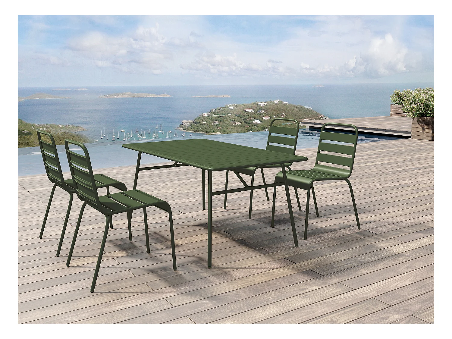Garten-Essgruppe: Tisch D. 160 cm + 4 stapelbare Stühle - Metall - Khaki - MIRMANDE von MYLIA
