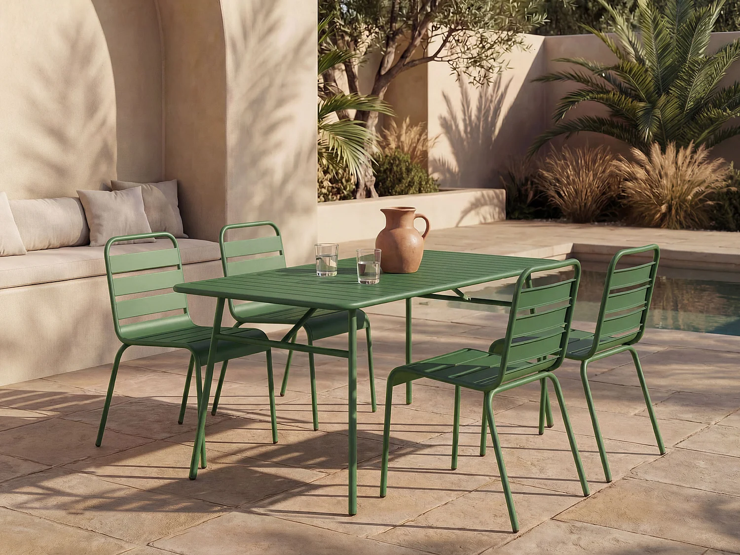 Metal garden dining set - one table W.160 cm. and 4 stackable chairs - Khaki - MIRMANDE by MYLIA