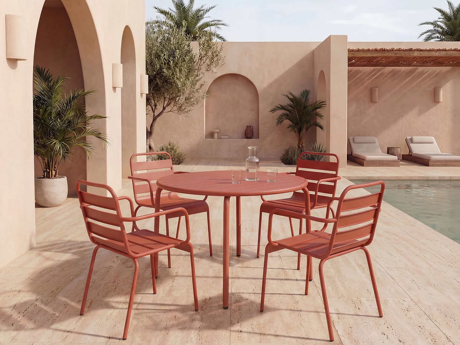 Salle à manger de jardin en métal - une table D.110 cm et 4 fauteuils empilables - Terracotta - MIRMANDE de MYLIA