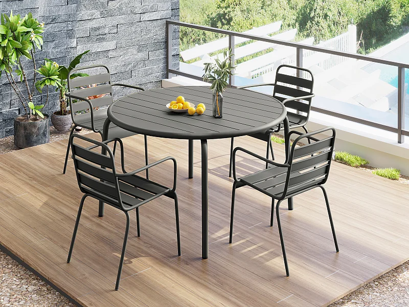 Comedor de jardín de metal - una mesa de 110 cm de diámetro y 4 sillones apilables - Gris antracita - MIRMANDE