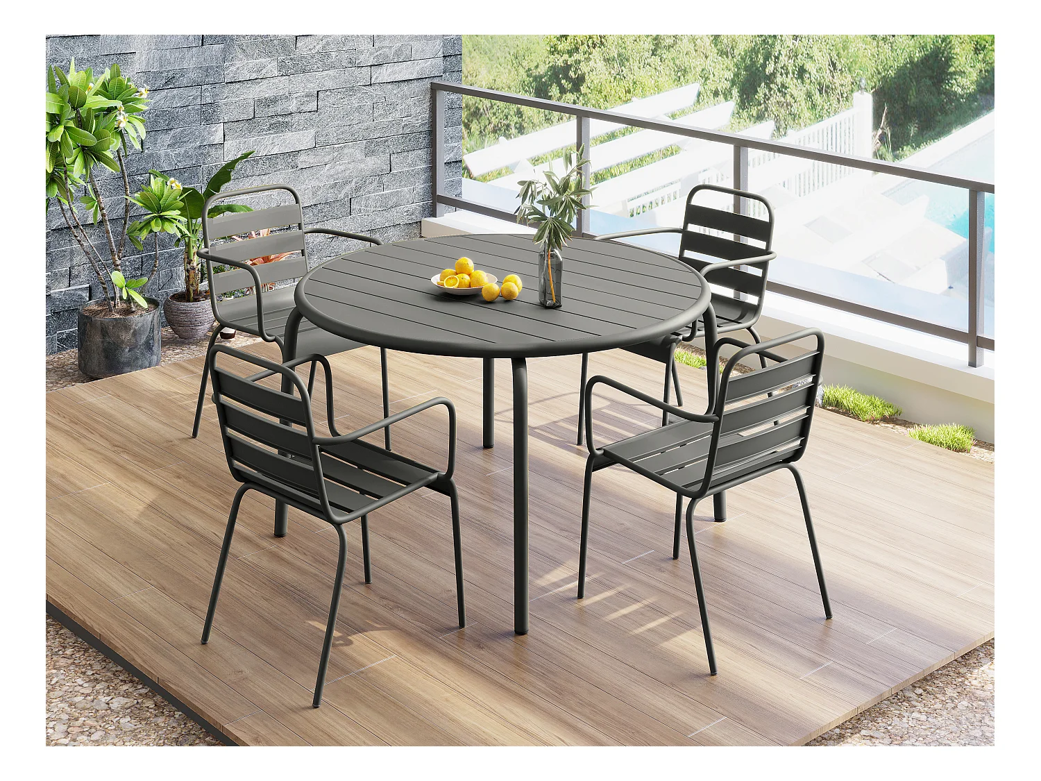 Comedor de jardín de metal - una mesa de 110 cm de diámetro y 4 sillones apilables - Gris antracita - MIRMANDE