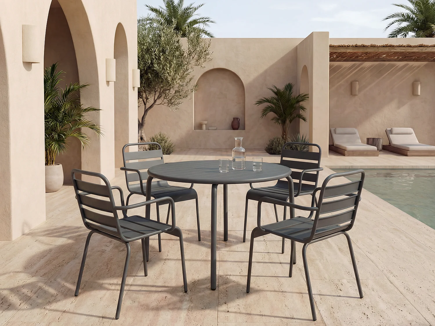 Salle à manger de jardin en métal - une table D.110 cm et 4 fauteuils empilables - Gris anthracite - MIRMANDE de MYLIA