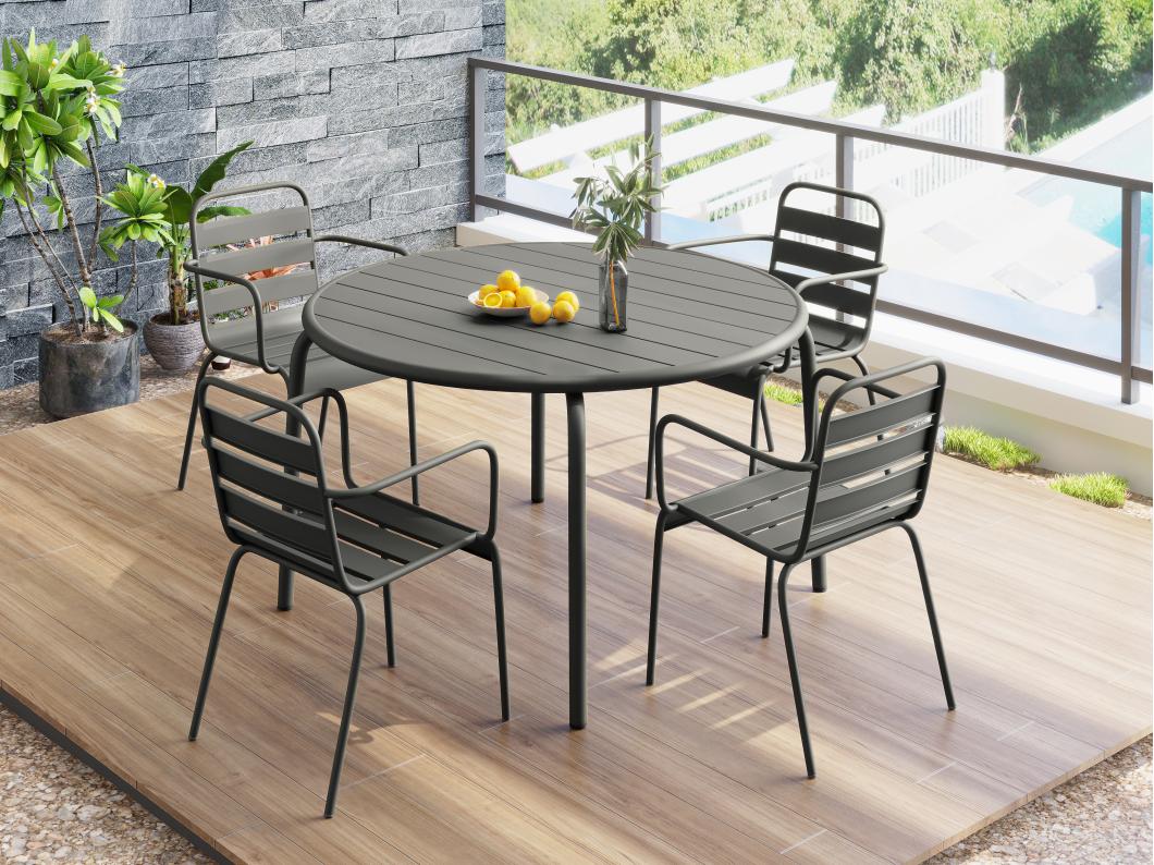 Salle à manger de jardin en métal - une table D.110 cm et 4 fauteuils empilables - Gris anthracite - MIRMANDE de MYLIA