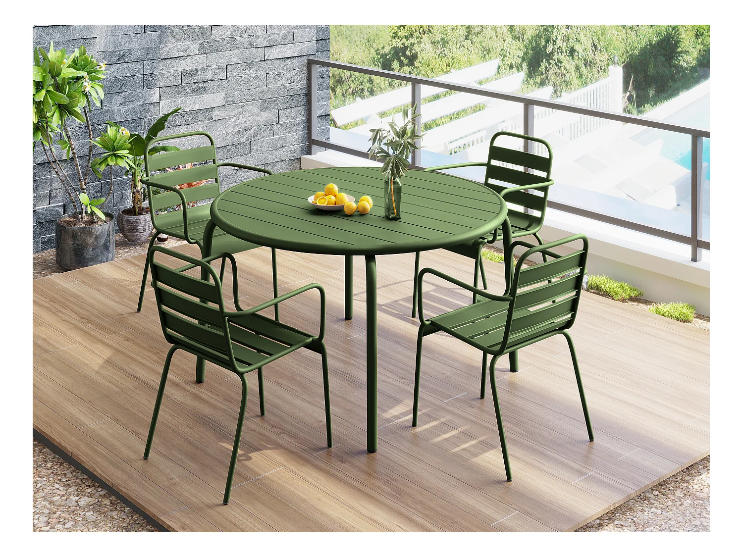 Salle à manger de jardin en métal - une table D.110 cm et 4 fauteuils empilables - Kaki - MIRMANDE de MYLIA
