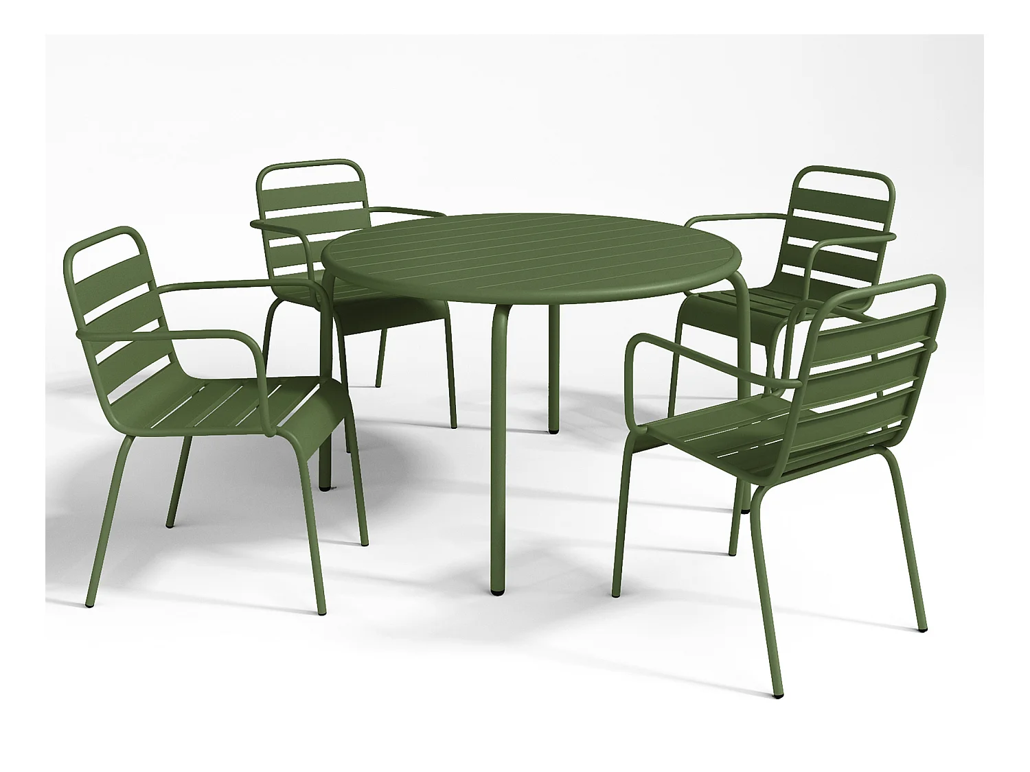 Garten-Essgruppe: Tisch D. 110 cm + 4 stapelbare Sessel - Metall - Khaki - MIRMANDE von MYLIA