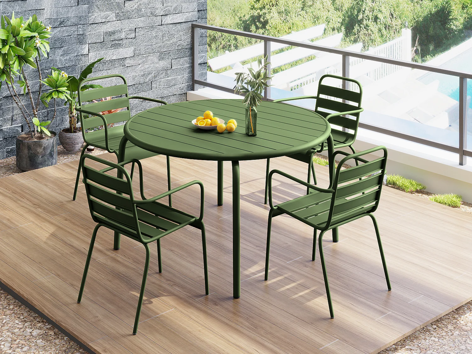 Sala da pranzo da giardino in Metallo Kaki MIRMANDE: un tavolo D.110cm e 4 poltrone impilabili