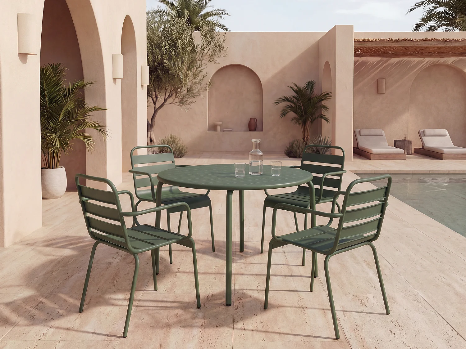 Comedor de jardín de metal - Mesa D.110 cm y 4 sillones apilables - Verde caqui - MIRMANDE