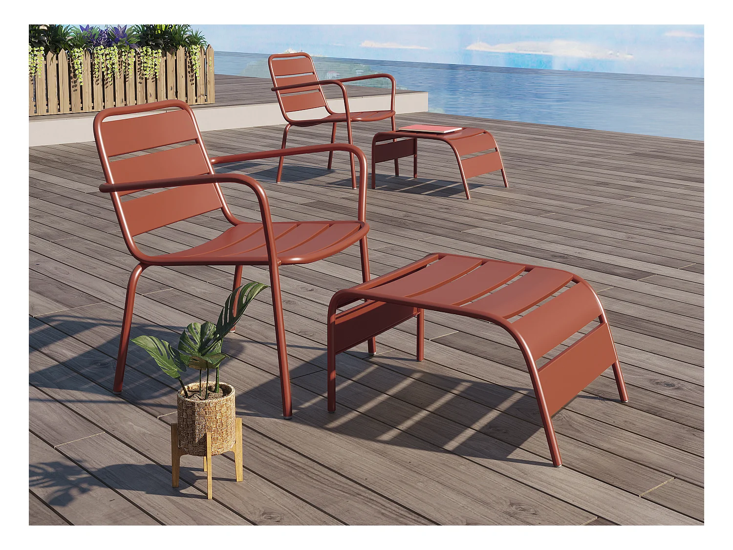 Fauteuil bas de jardin empilable + repose pied en métal - Terracotta - MIRMANDE de MYLIA