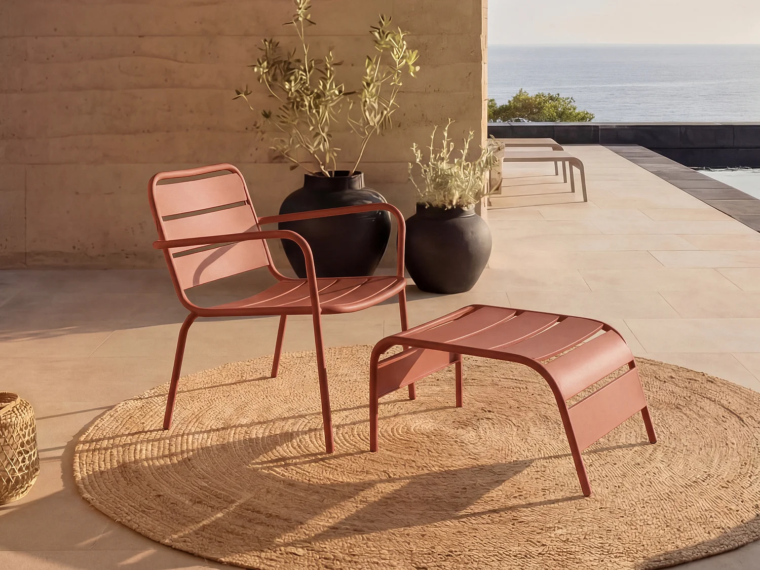 Stackable low garden armchair + footrest in metal - Terracotta - MIRMANDE by MYLIA