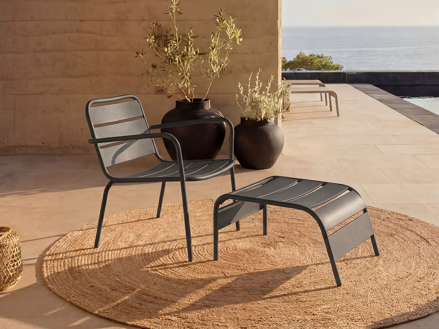 Stackable low garden armchair + footrest in metal - Anthracite grey - MIRMANDE by MYLIA