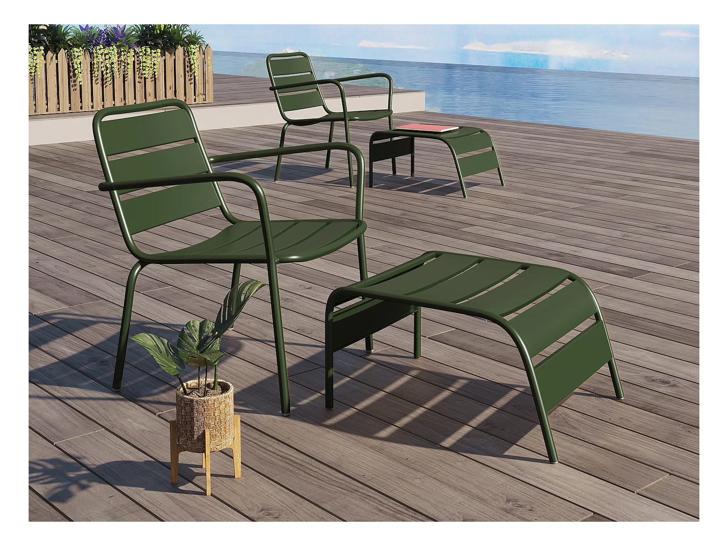 Fauteuil bas de jardin empilable + repose pied en métal - Kaki - MIRMANDE de MYLIA