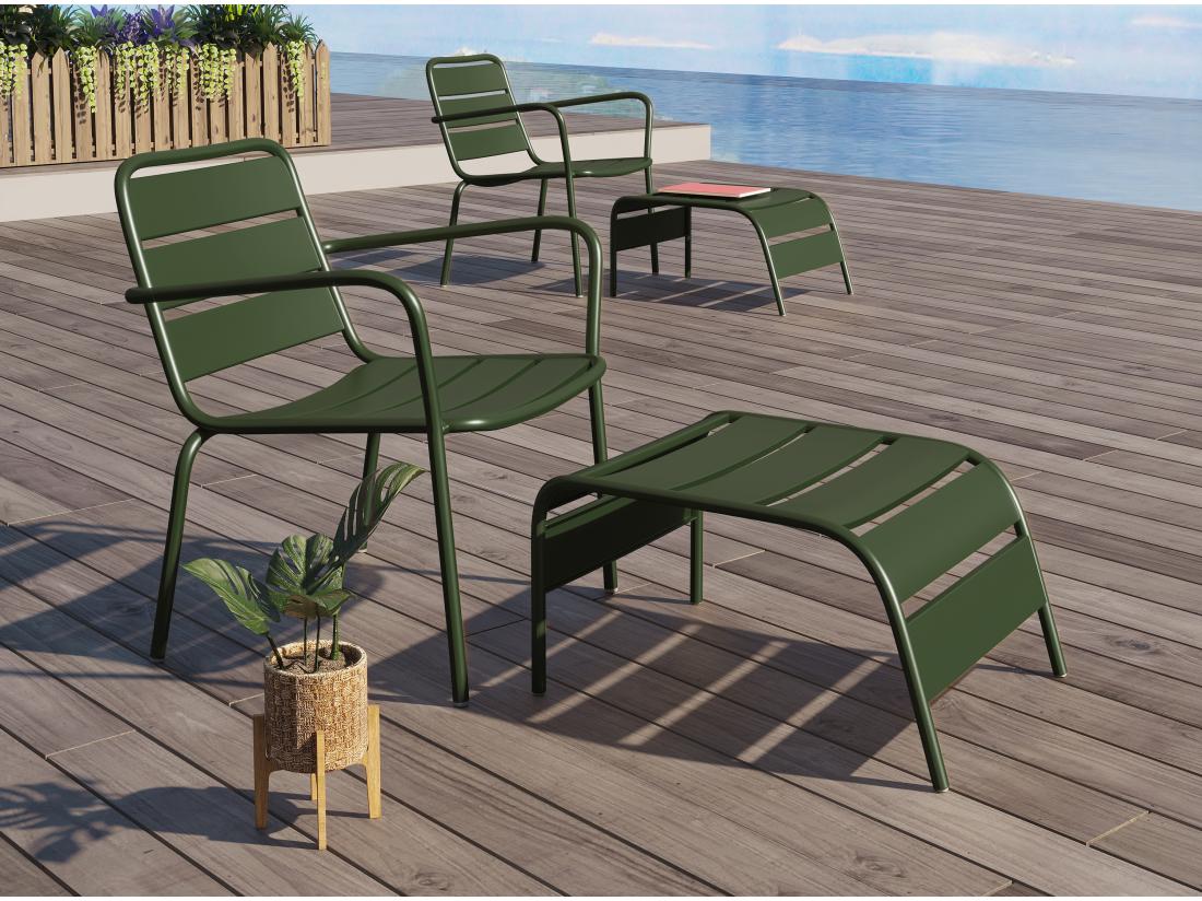 vente unique Fauteuil bas de jardin empilable + repose pied en métal - Kaki - MIRMANDE de MYLIA