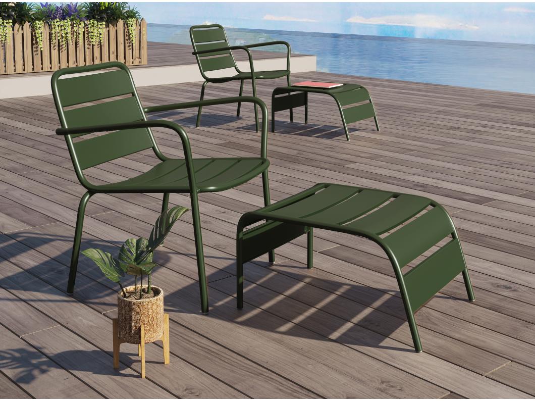 Fauteuil bas de jardin empilable + repose pied en métal - Kaki - MIRMANDE de MYLIA